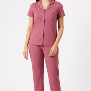 soft mauve cotton button down night suit for women