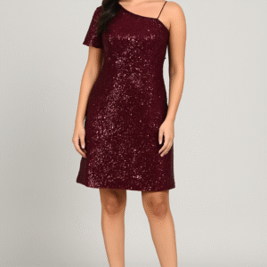 burgundy one shoulder sequin party dress