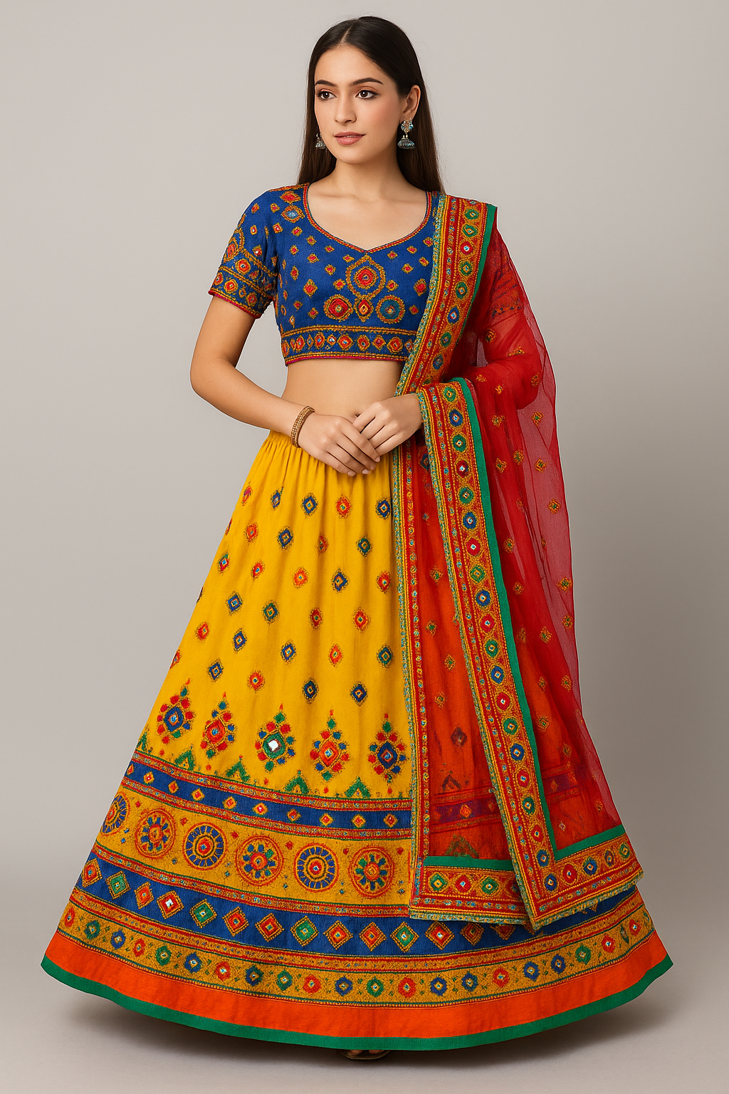 vibrant yellow & blue navratri embroidered lehenga choli with dupatta vibrant yellow & blue navratri embroidered lehenga choli with dupatta