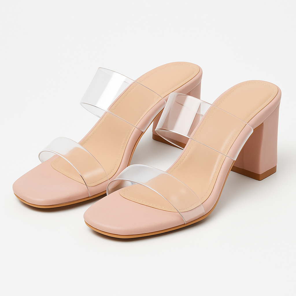 blush pink block heels with transparent strap blush pink block heels with transparent strap