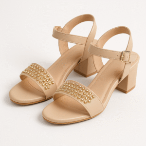 pastel beige embellished strap block sandals