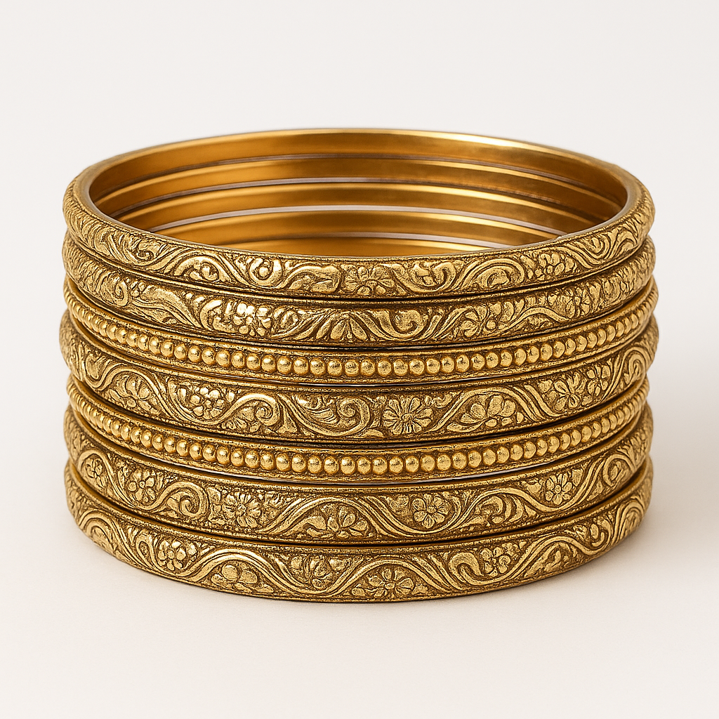 traditional gold toned metal bangle set with intricate design traditional gold toned metal bangle set with intricate design