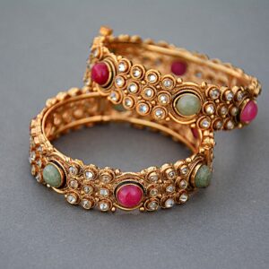 traditional gold plated kundan bangles with multi color stones – pair