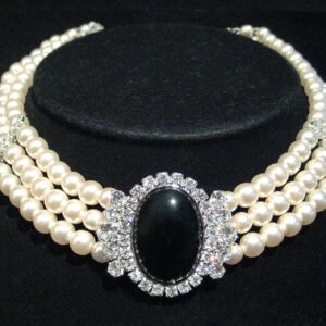 elegant triple layer pearl choker necklace with black stone centerpiece