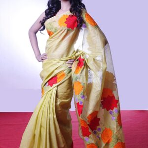light yellow floral cotton saree with multicolor print